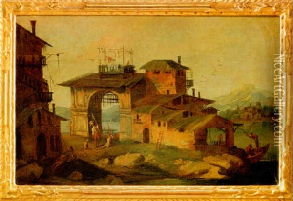 Paesaggio Con Arco, Case Rustiche E Figure Oil Painting - Antonio Diziani