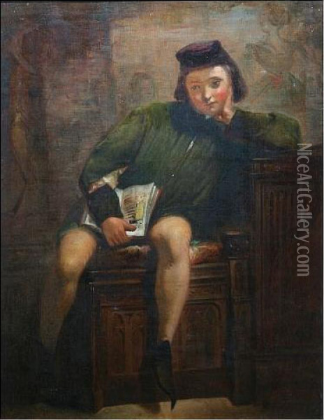 Young Boy In Medieval Costume, Seated With Book Oil Painting - Charles Hutton Lear