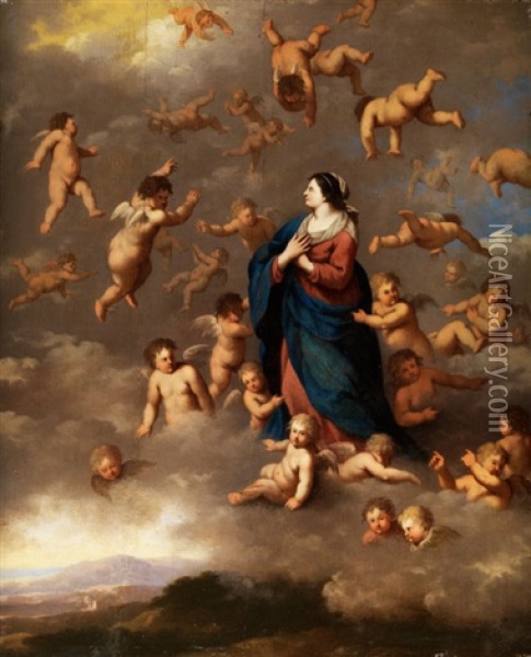 Maria In Den Wolken, Umgeben Von Engeln Oil Painting - Cornelis Van Poelenburgh