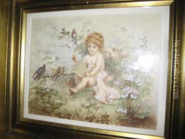 Young Child Seated Among Birds And Singing Oil Painting - Egron Sellif Lundgren
