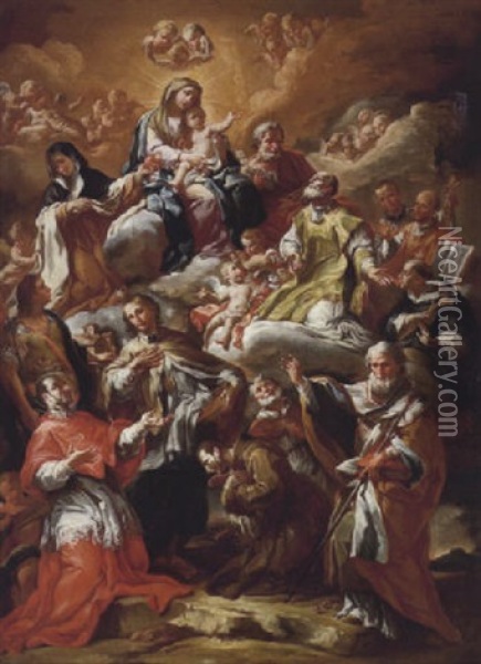 La Sacra Famiglia Con Santi Oil Painting - Corrado Giaquinto