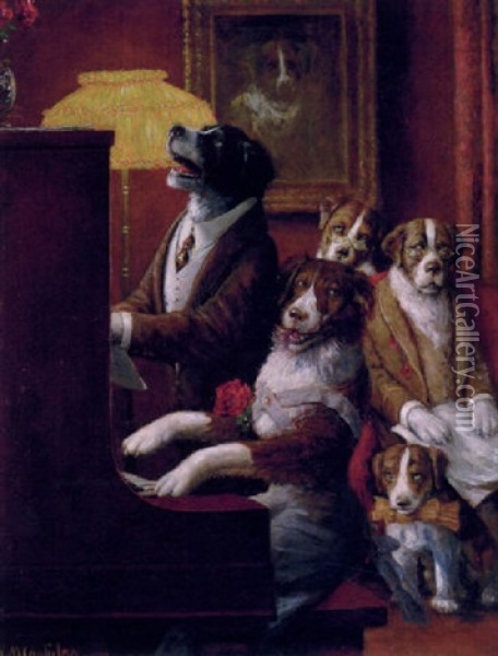Dog Family Gathered Around The Piano Oil Painting - Cassius Marcellus Coolidge