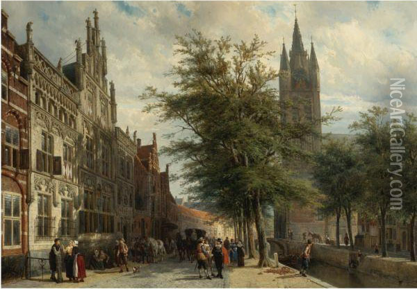 The Gemeenlandshuis And The Old Church, Delft, In Summer Oil Painting - Cornelis Springer