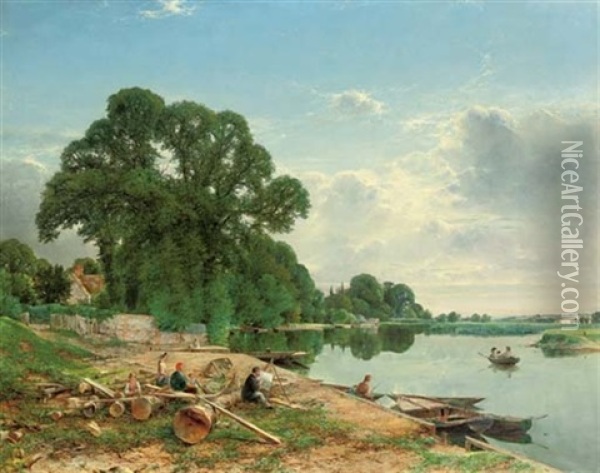 On The Thames - Moulsford Ferry - Near Reading Oil Painting - William Gosling