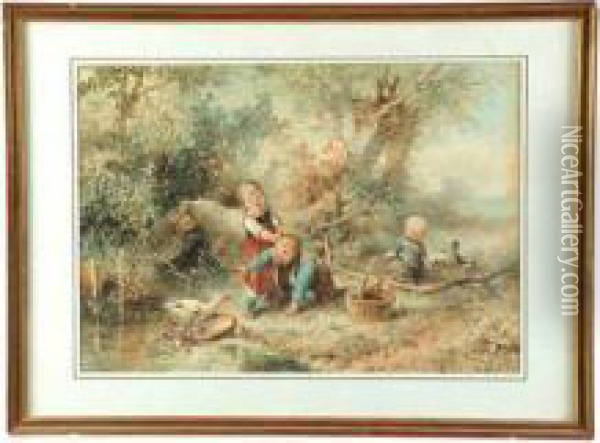 Three Children Playing Near A Mother Goose Oil Painting - Jan Jacob Lodewijk Ten Kate