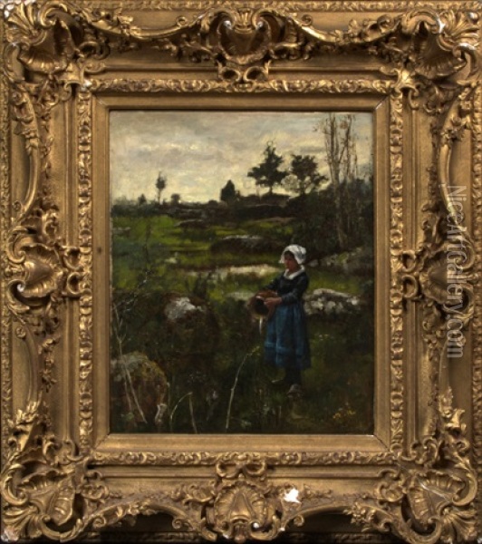 Peasant Girl With Water Vessel, Landscape Beyond Oil Painting - Henry John Yeend King