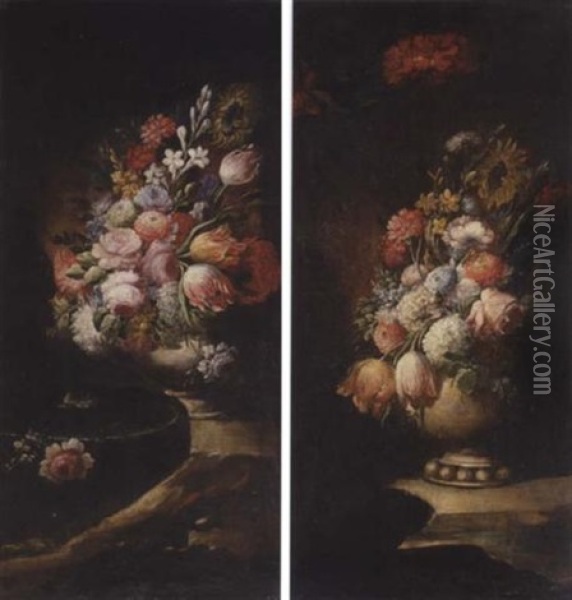 Still Life Of Various Flowers In A Vase Arranged Upon A Stone Plinth Oil Painting - Gasparo Lopez
