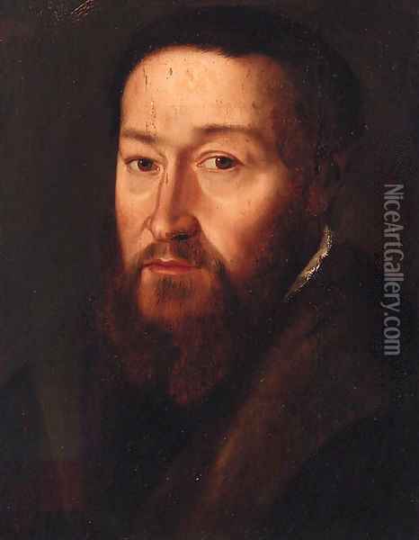 Portrait of a gentleman, head and shoulders, in a black jacket with a fur collar Oil Painting - Adriaen Thomas Key
