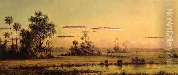 Florida Sunset With Two Cows Oil Painting - Martin Johnson Heade