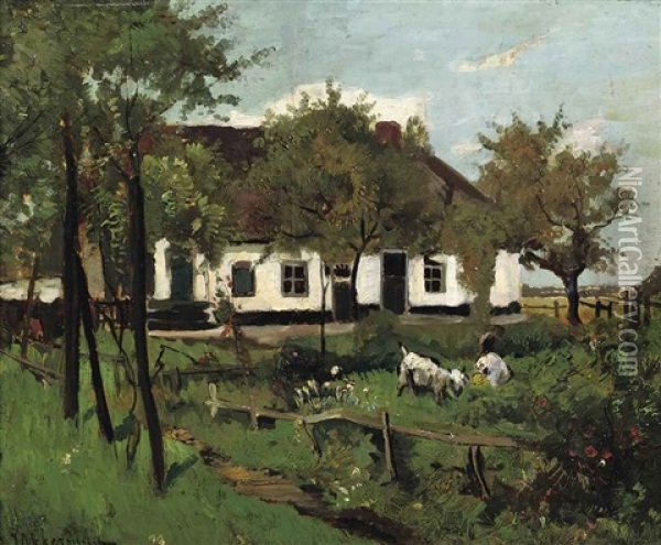 Farmhouse With Goats Oil Painting - Johannes Evert Hendrik Akkeringa