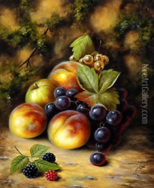 A Still Life Of Fruit On A Mossy Bank (pair) Oil Painting - John Smith