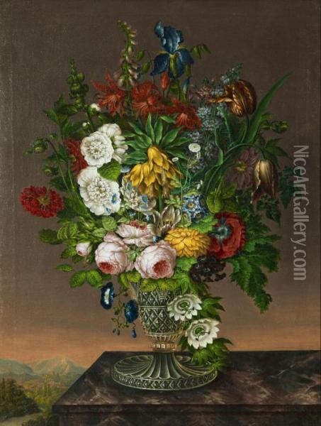 Blomsterstilleben I Landskap Oil Painting - Johann Baptist Drechsler