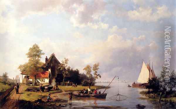 A River Landscape With A Ferry And Figures Mending A Boat Oil Painting - Johannes Hermanus Koekkoek Snr