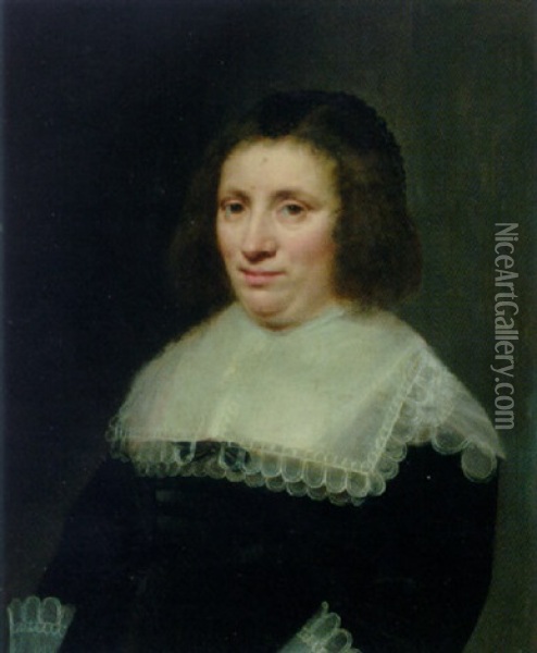 Portrait Of A Lady (maria Reigersbergen?) In A Black Dress With A Lawn Collar And Cuffs Oil Painting - Jan Anthonisz Van Ravesteyn