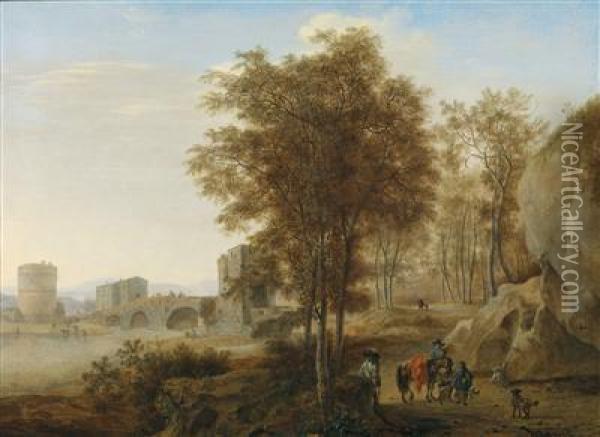 Travellers Near The Ponte Lucano Over The Anio Near Tivoli Oil Painting - Jan Both