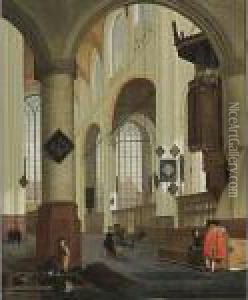 The Interior Of The Oude Kerk In
 Delft, From The Southern Aisle To The Northern Transept, With Elegant 
Couples, And Men Digging In The Foreground Oil Painting - Cornelis De Man