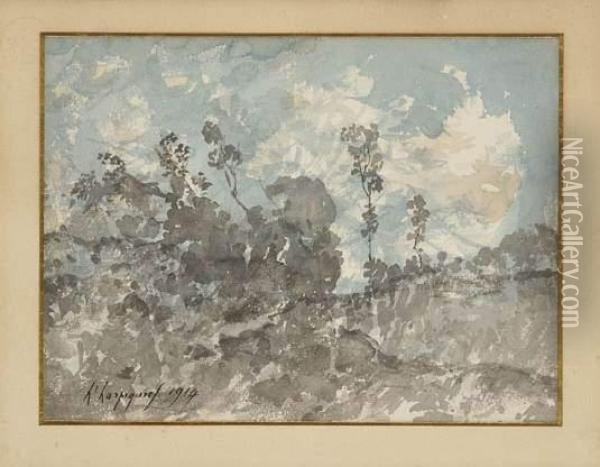 Paysage Aux Arbres Et Ciel Nuageux Oil Painting - Henri-Joseph Harpignies