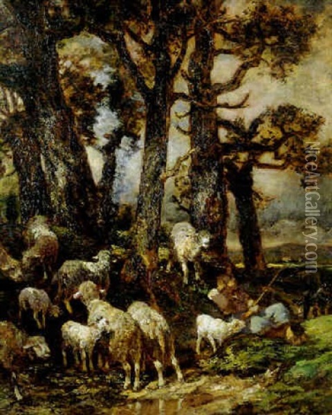 Troupeau Paissant, Sous Bois Oil Painting - Charles Emile Jacque