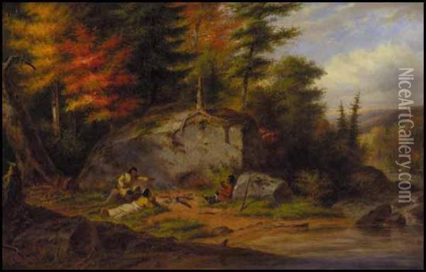 Chippewa Indians At A Portage Oil Painting - Cornelius Krieghoff