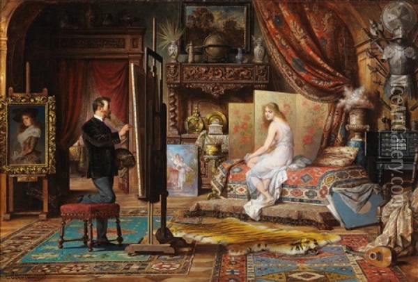 The Artist And His Model Oil Painting - Karl Schweninger the Younger