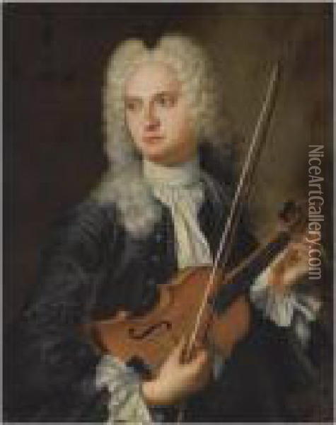 Portrait Of A Musician, Half 
Length, Wearing A Blue Coat With Awhite Chemise, Tuning His Violin Oil Painting - Antoine Pesne