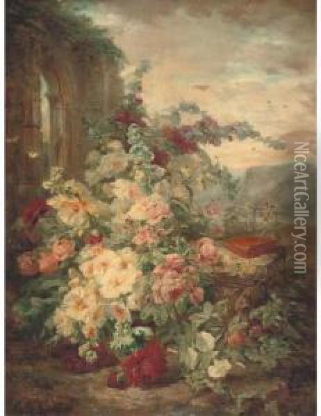 A Book On A Plinth By A Rose Bush At The Ruins Oil Painting - Simon Saint-Jean