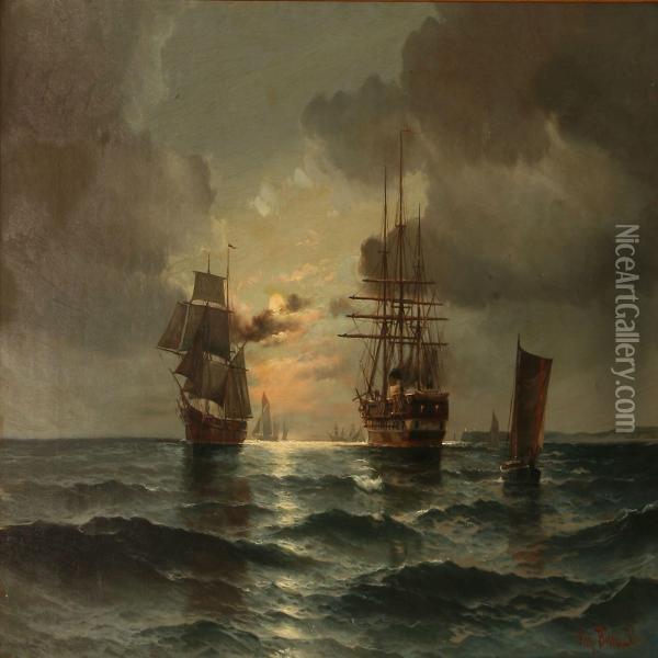 Seascape With Sailing Ships In Moonlight Oil Painting - Vilhelm Bille