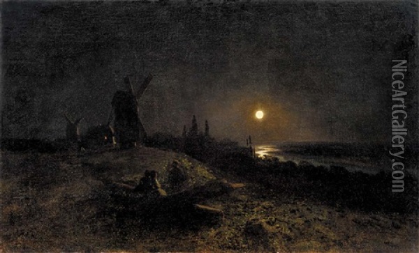 Seascape With A Mill By Moonlight Oil Painting - Lev Felixovich Lagorio
