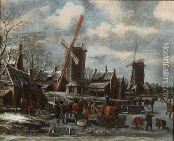 A Winter Landscape With A Village And Windmills Oil Painting - Thomas Heeremans