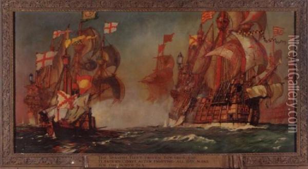Spanish Fleet Driven Towards The Flanders Coast Oil Painting - Kenneth Denton Shoesmith