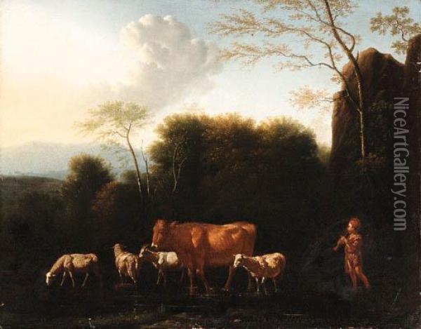 A Shepherd And Livestock Fording A Stream Oil Painting - Adrian Van De Velde