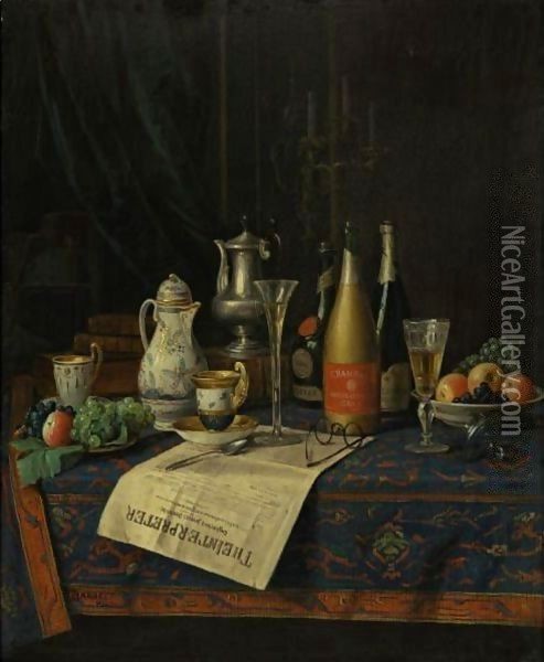 Still Life With Newspaper And Champagne Oil Painting - William Michael Harnett