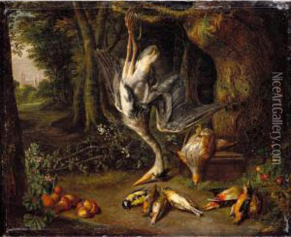 Dead Game, Including A Heron, 
Partridge And Songbirds In A Wooded Landscape, A Chateu In The Left 
Distance Oil Painting - Pieter Snyers