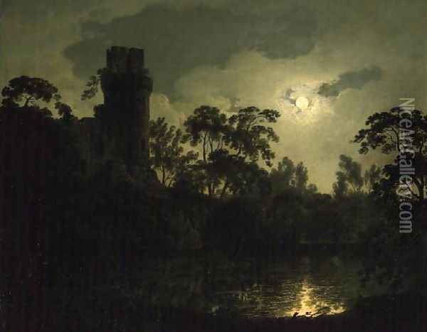 A Moonlit Lake by a Castle Oil Painting - Josepf Wright Of Derby