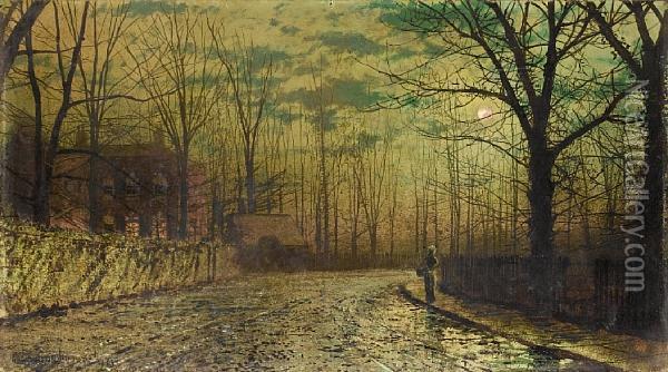 Figure On A Moonlit Lane, St. John's Road, Ryde, Isle Of Wight Oil Painting - John Atkinson Grimshaw