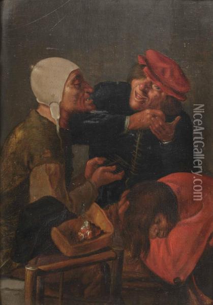 Three Men Delousing In An Interior Oil Painting - Adriaen Brouwer