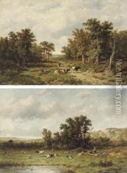 Taking A Rest Along The Sandy Path; And Cattle Resting Near Apond Oil Painting - Anthonie Jacobus Van Wyngaerts