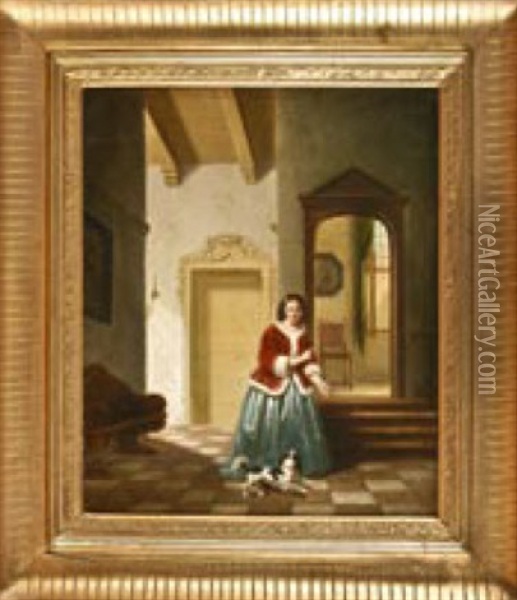 Junge Dame Mit Hund In Der Diele Oil Painting - Jan Jacobus Matthijs Damschroeder