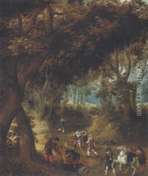 An Ambush On A Woodland Path Oil Painting - Denis van Alsloot