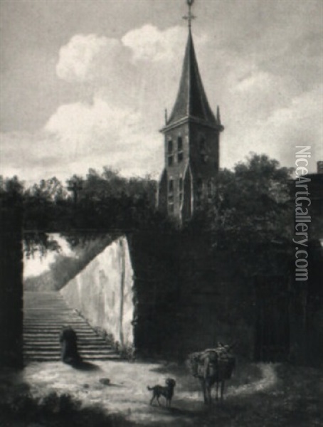 A Priest Kneeling In A Courtyard By A Church Oil Painting - Jan Ekels the Younger
