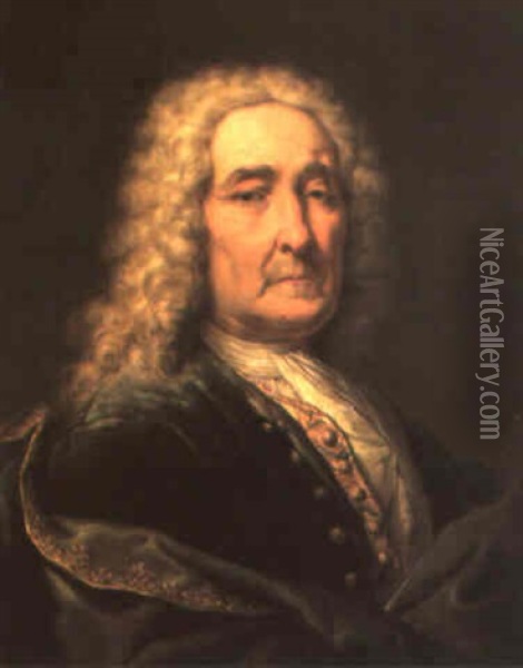 Portrait De Monsieur Bocque, En Buste, Portant Une Perruque Et Une Veste Bleue Oil Painting - Jean (le Romain) Dumont