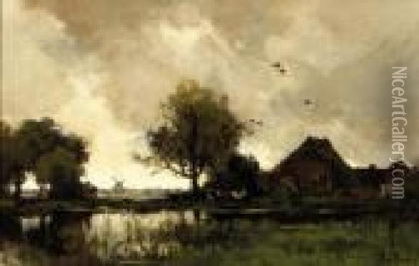 A Stormy Day: A Farm In A Polder Landscape Oil Painting - Theophile Emile Achille De Bock