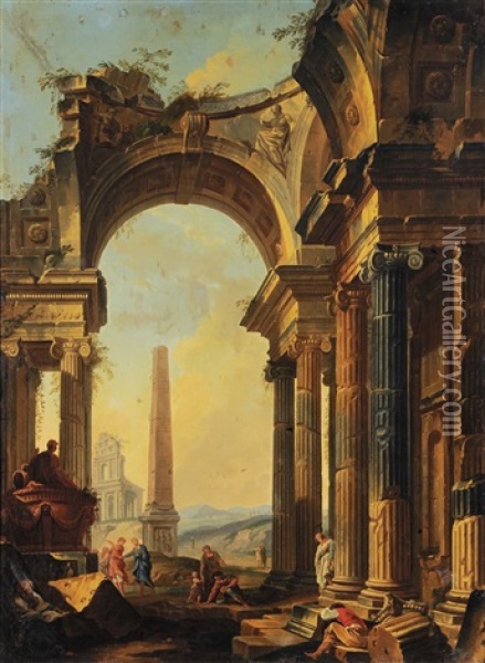 Capriccio Architettonico Con Obelisco Oil Painting - Pierre Antoine Demachy