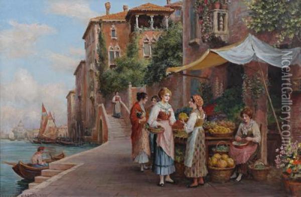 Fruit And Flower Sellers On A Venetian Canalside Oil Painting - Arthur Trevor Haddon
