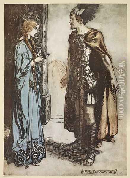 Siegfried hands the drinking horn back to Gutrune, and gazes at her with sudden passion, illustration from Siegfried and the Twilight of the Gods, 1924 Oil Painting - Arthur Rackham