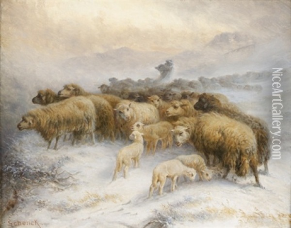 Berger Et Ses Moutons Dans Un Paysage Enneige Oil Painting - August Friedrich Albrecht Schenck
