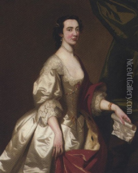 Portrait Of Anne Gordon In A Silver Dress And Red Wrap, Holding A Sheet Of Music In Her Left Hand Oil Painting - Allan Ramsay