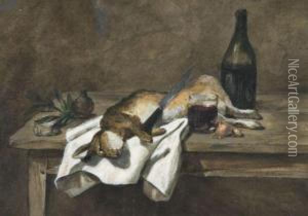 Lievre Et Bouteille De Vin Sur Une Table Oil Painting - Philippe Rousseau