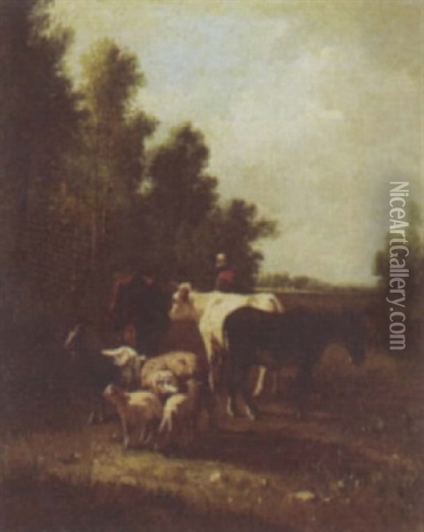 Cows, Donkey And Sheep Oil Painting - Andres Cortes y Aguilar