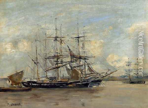 Le Havre, Three Master at Anchor in the Harbor Oil Painting - Eugene Boudin